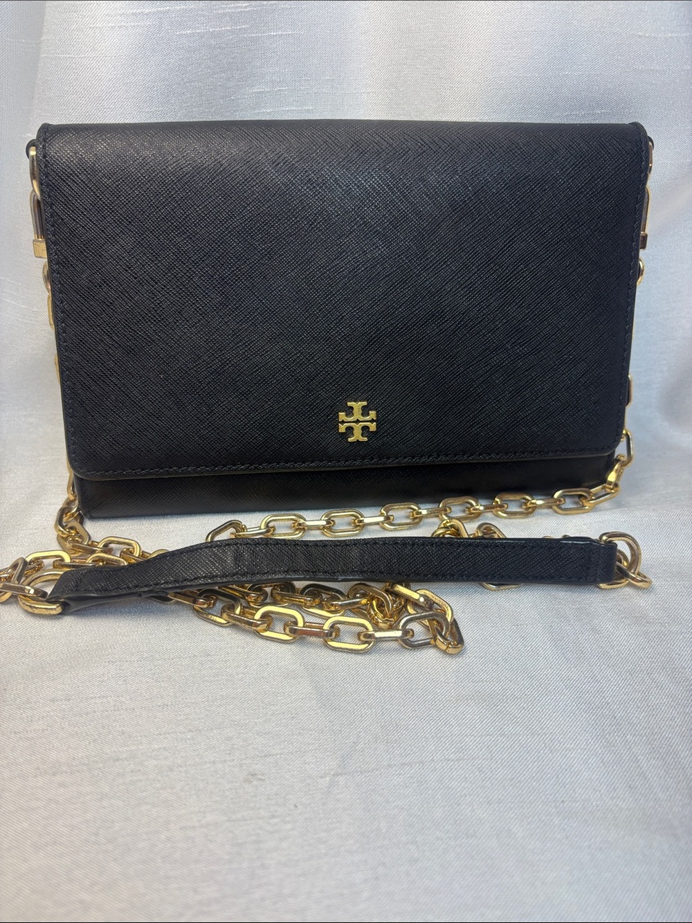 Tory Burch Black Saffiano Leather Crossbody with Gold Chain Strap